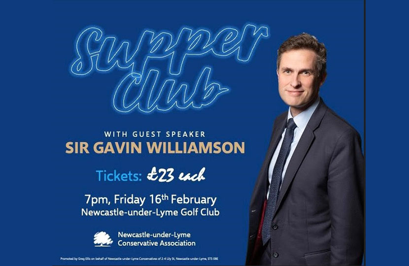 A picture of Sir Gavin Williamson. Caption: "Supper club with guest speaker Sir Gavin Williamson. Tickets £23 each."